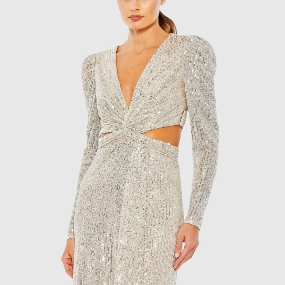 NWT Mac Duggal Silver Sequined Criss Cross Long Sleeve Gown Nude 4 - Picture 2 of 8